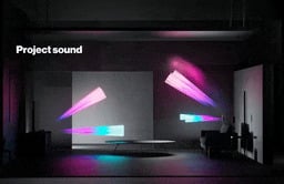 Looping video of illustrated sound waves filling a room 