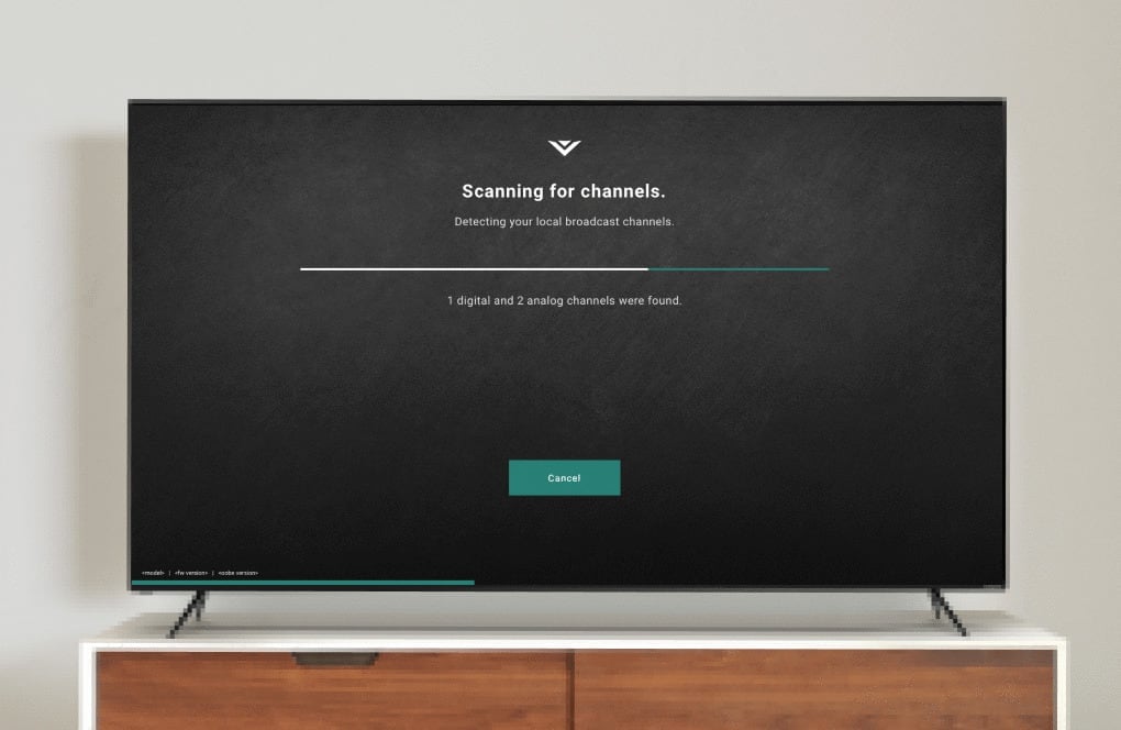 Image of the "scanning for channels" screen on a TV monitor 