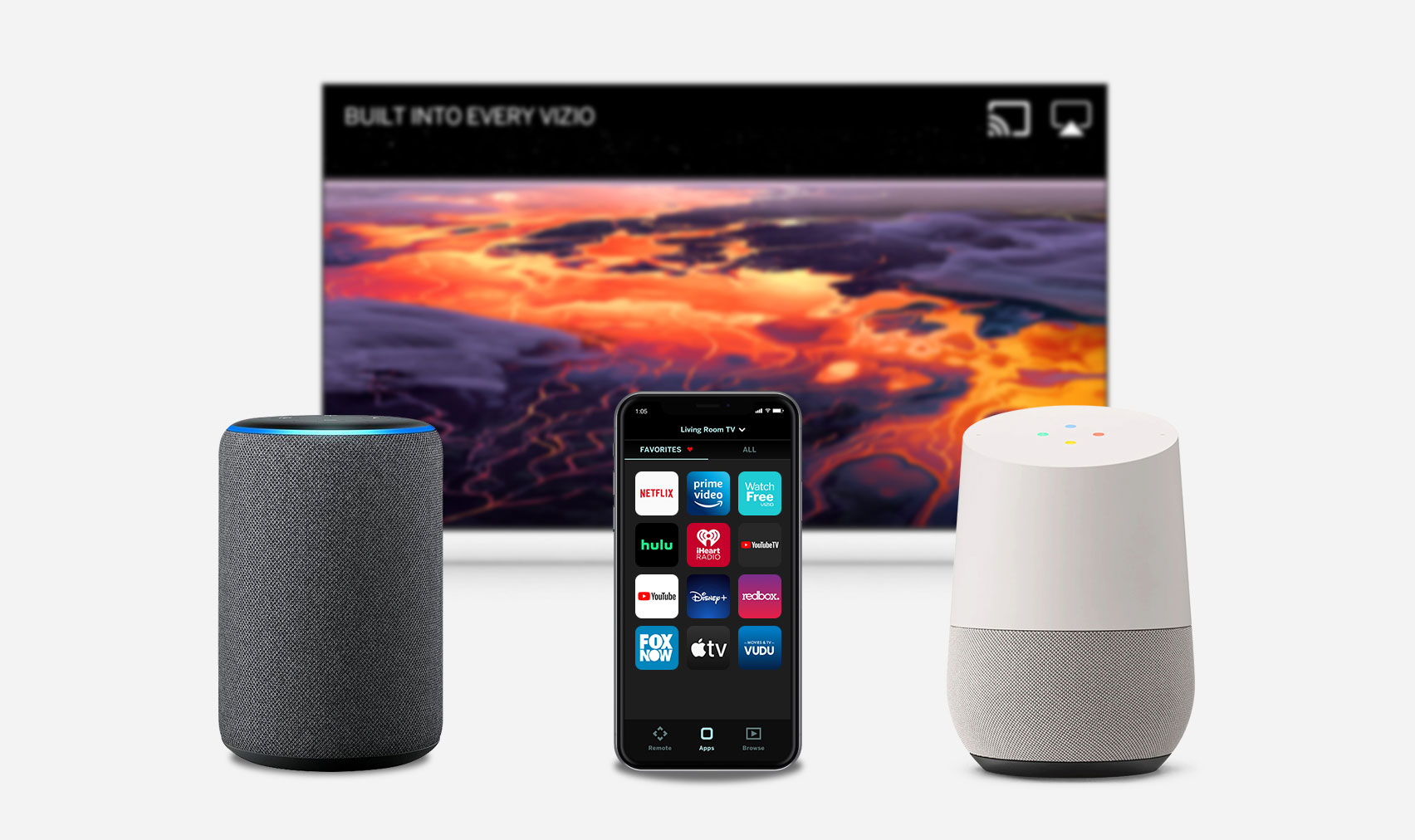 Alexa, Google Home, and Apple Homekit for voice control and smart home integration.